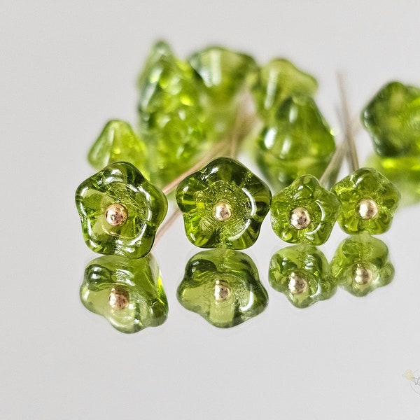 Olivine Green Czech Glass Bell-Shaped Flower Trumpet Flower Beads 2 SIZES