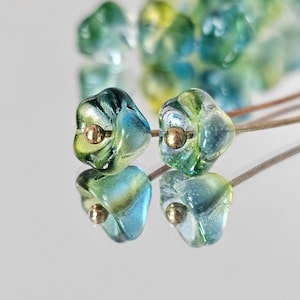Ombre Czech Glass Flower Beads: Three Tone Green, Yellow, Teal - 6x8mm, 20pcs