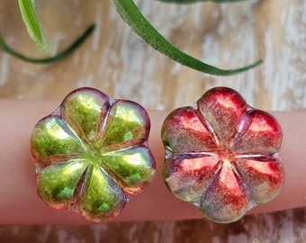 Green Orange Red Czech Glass Wild Rose Flower Beads Iridescent Metallic 15mm 6pcs