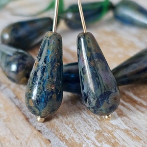 Dark Sapphire Blue with Picasso Czech Glass Long Teardrop 5 Beads 20x9mm image 5