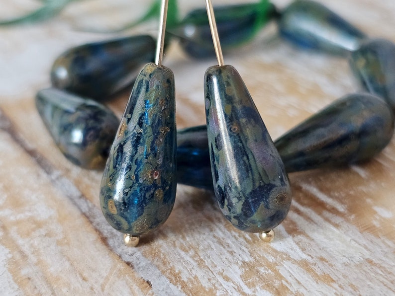 Dark Sapphire Blue with Picasso Czech Glass Long Teardrop 5 Beads 20x9mm image 5