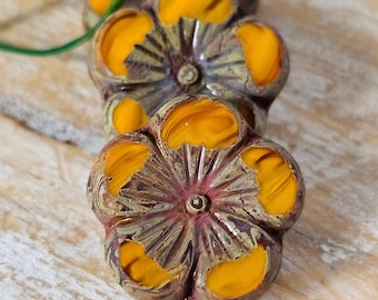 Geel Oranje Streep Tsjechisch Glas Hibiscus Bloem Kraal 22mm 1pc Picasso Kralen