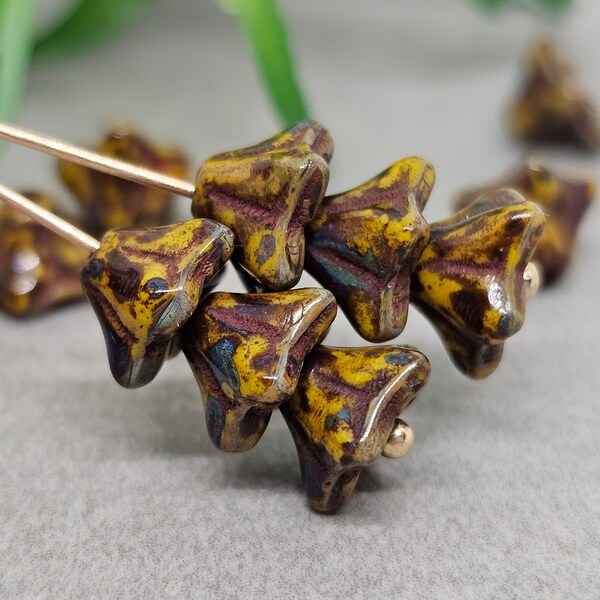 Czech Glass Floral Beads Trumpet Bell Flower Yellow Gold, Brown with Picasso Bell Flower Beads 20pcs 5x8mm