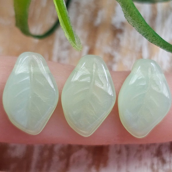 Czech Glass Wavy Leaf Beads Mint Green Opal Side Drilled 20 Beads 9x14mm