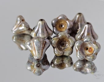 Aged Silver Gray Czech Glass Bell Shaped Flower Trumpet Flower Beads 6pcs beads 11x13mm LARGE