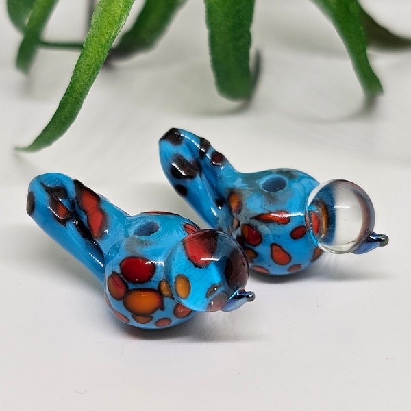 Blue Polkadot Lampwork Glass Bird Beads Artisan Bird Earrings