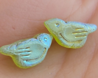 Green Apple AB Bird Czech Glass Beads - 2 Beads