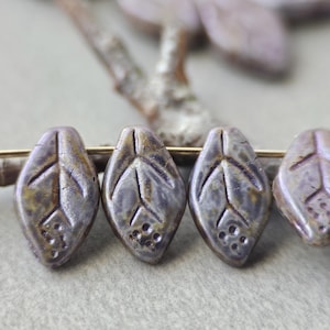 Dusty Violet Czech Glass Leaf Beads: Picasso Finish, 12x7mm, 12pcs