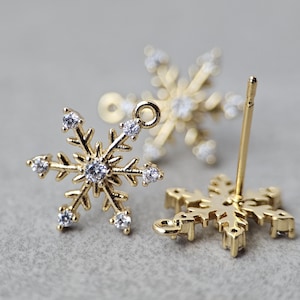Gold Snowflake Cubic Zirconia Earring Post Studs: 18K Gold Plated, 15x11mm (2 pcs)