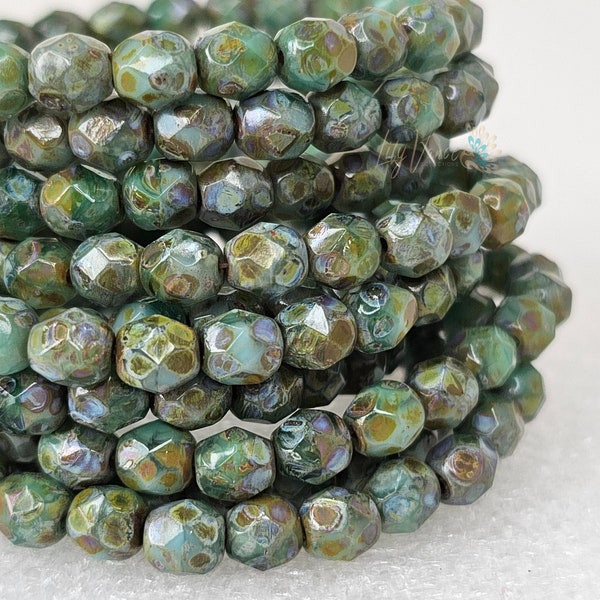 Czech Glass 6mm - Emerald Fire Polish Round Beads - 25 Beads - Turquoise Green Picasso - Faceted Round Beads - Sea Green - Emerald