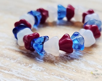 Red White and Blue Czech Glass Bell Flower Beads Trumpet Flower Beads 6x8mm  20pcs LIMITED EDITION