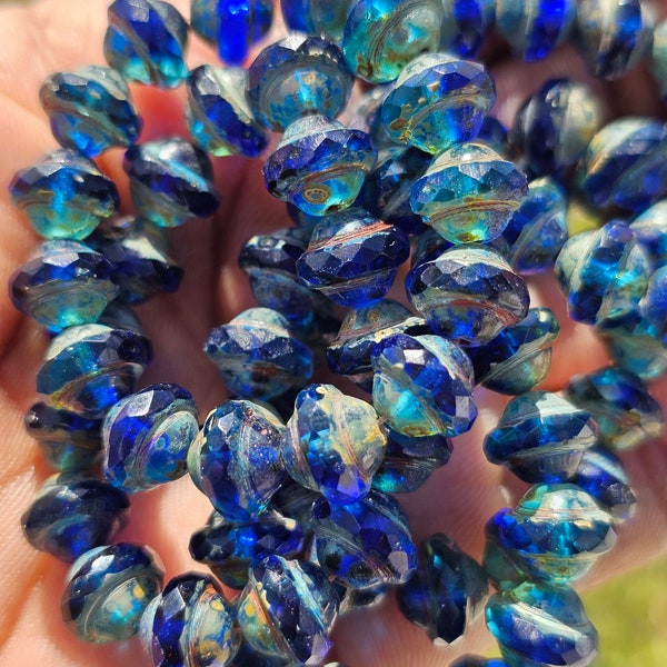 8x10mm Saturn Sapphire Czech Glass Beads UFO Beads 6 pcs