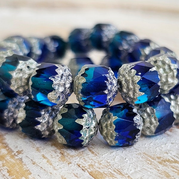 8mm Czech Glass Cathedral Beads in Sapphire Blue Sky blue with Silver 10 Beads