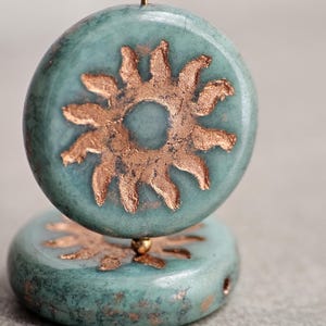 Blue Green Czech Glass Sun Coin Beads 22mm 1 Bead