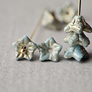 Czech Glass Bell Flower Beads: Sky Blue Etched Floral Caps (12pcs)
