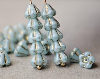 Blue and Gold Czech Glass Bell Flower Trumpet Flower Beads 4x6mm 30pcs