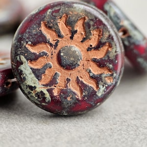 Dark Ruby Red Czech Glass Sun Coin Beads 22mm 1 Bead