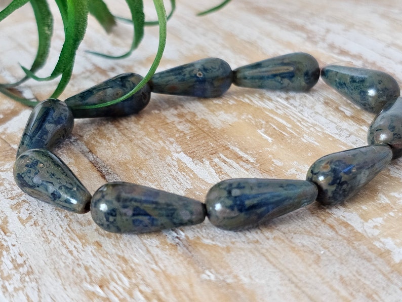 Dark Sapphire Blue with Picasso Czech Glass Long Teardrop 5 Beads 20x9mm image 6