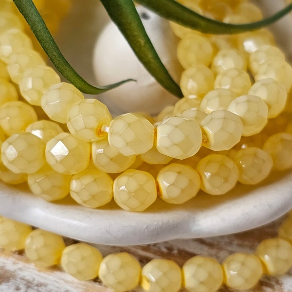 Czech Glass Pastel Yellow Opal Faceted Round Fire Polished Czech Beads 22pcs