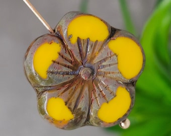 Dandelion Yellow Czech Glass Hibiscus Flower Bead 22mm 1pc