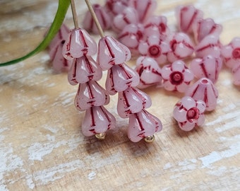 Red and White Stripe Czech Glass Bell Shaped Flower Trumpet Flower Beads 4x6mm 30 beads Red Stripes