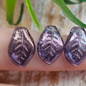 9x14mm Czech Glass Wavy Leaf Beads Lumi Amethyst Side Drilled 25 Beads