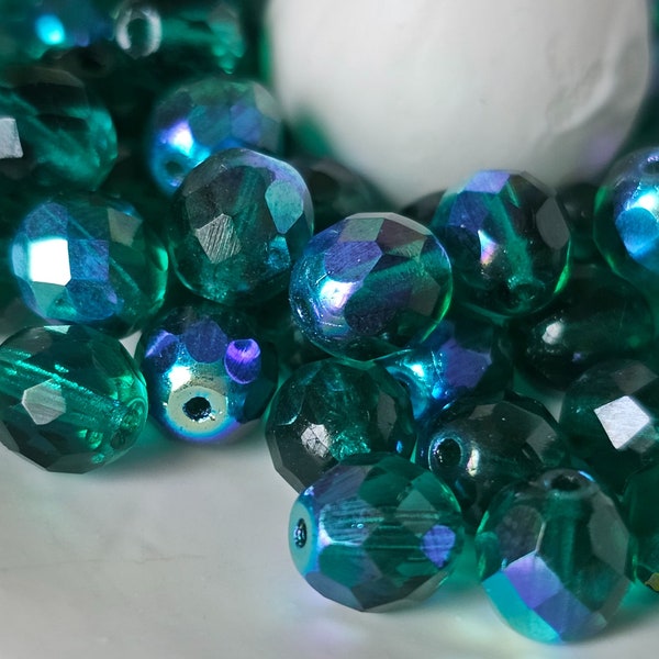 8mm Czech Teal Green AB Faceted Round Fire Polished Czech Beads 25 beads