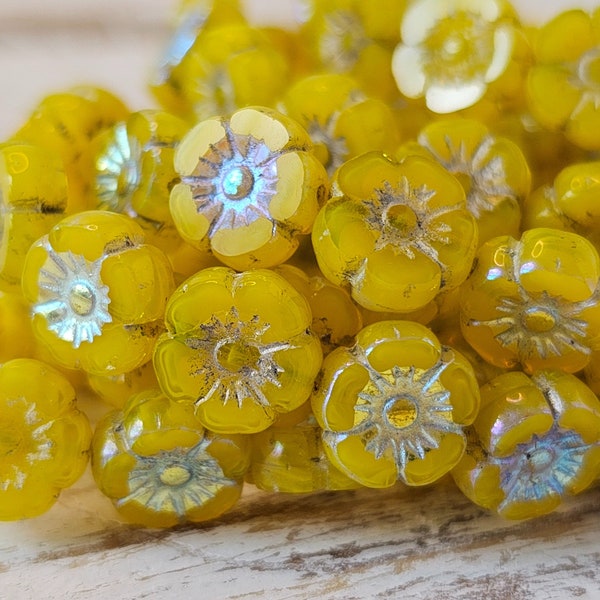 9mm - Czech Flowers - Hibiscus Beads - Dandelion Yellow Beads - Czech Glass Beads - Flower Beads - Hawaiian Flower Beads - 8 Beads