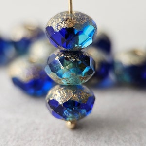 サファイアアクアチェコガラスビーズ：ゴールドピカソファセットロンデル（6 x 8 mm）