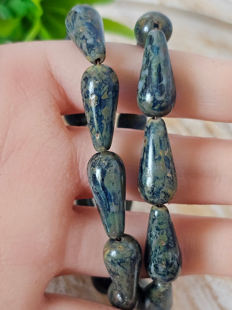 Dark Sapphire Blue with Picasso Czech Glass Long Teardrop 5 Beads 20x9mm image 3