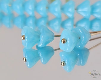 Powder Blue Czech Glass Bell Flower Beads Trumpet Flower Beads 6x8mm 22pcs