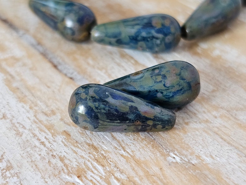 Dark Sapphire Blue with Picasso Czech Glass Long Teardrop 5 Beads 20x9mm image 7