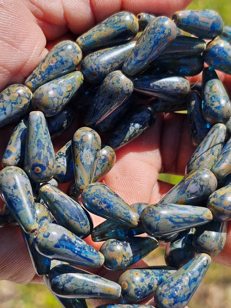 Dark Sapphire Blue with Picasso Czech Glass Long Teardrop 5 Beads 20x9mm image 4