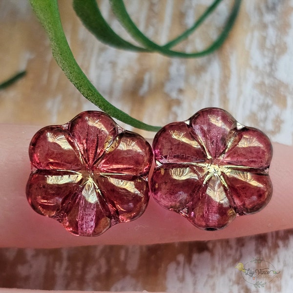 Pink Red Luster Czech Glass Wild Rose Flower Beads  15mm 6pcs