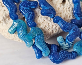 Blue Seahorse Czech Glass Focal Beads 28x18mm 1 bead