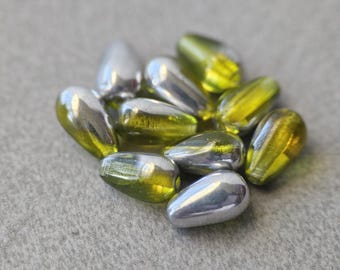 Czech Glass Teardrop Beads 9x6mm – Silver Green 15pcs