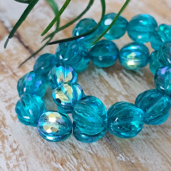 10mm Faceted Melon Aqua Blue with an AB Finish Czech Glass Beads