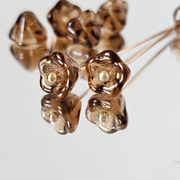 Smokey Topaz Czech Glass Bell Shaped Flower Trumpet Flower Beads 22 beads 6x8mm