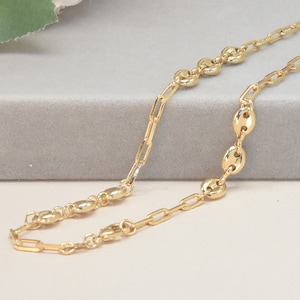 Gold Plated Coffee Bean Chain: Puffed Mariner Paper Clip Necklace or Anklet
