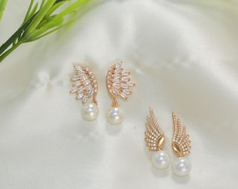 Gold Plated Angel Wing Earrings: CZ Pearl Bridal Drop Earrings