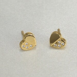 14K Solid Gold Heart Stud Earrings: Dainty CZ Screw Backs