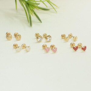 14K Solid Gold Heart Stud Earrings: Enamel Screw Back, Cubic Zirconia