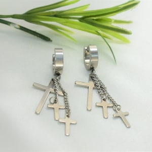 Dangle Cross Stainless Steel Huggies Hoop Earrings