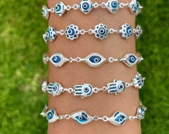 Sterling Silver Blue Evil Eye Bracelet: Turkish Protection Jewelry
