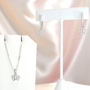 Sterling Silver Crown Jewelry Set: Cubic Zirconia Necklace & Earrings