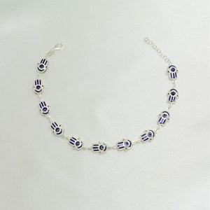 Blue Evil Eye Hamsa Bracelet: Sterling Silver Protection Charm (7.5&quot;)
