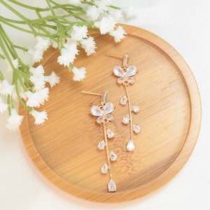 14K Gold Plated Bridal Earrings: Floral CZ Drop Statement Jewelry