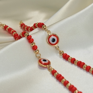 Red Evil Eye Bracelet: Gold Plated Protection, Beaded Talisman