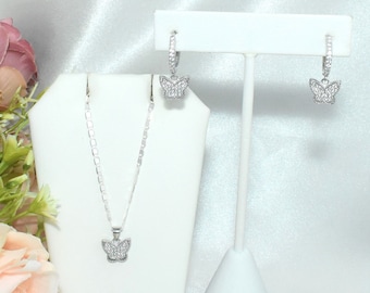 Sterling Silver Butterfly Jewelry Set: Cubic Zirconia Necklace & Earrings