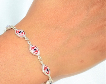 Red Evil Eye Sterling Silver Bracelet: Amulet Protection Jewelry